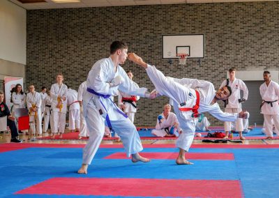 Member of UCD Karate club, Yousef, performing a high kick during 2019 Karate Intervarsities